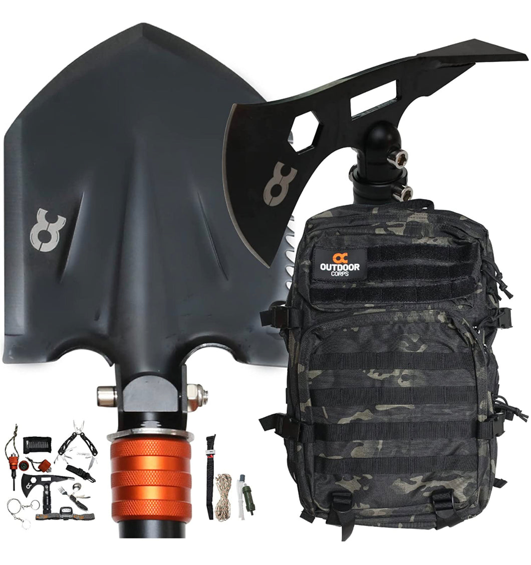 Folding Tactical Shovel Multi Purpose Steel - 21 pcs Ultimate Survival Tool Camping Kit