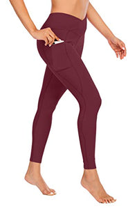 Workout Leggings for Women - Pocket-High Waist - Wine Red