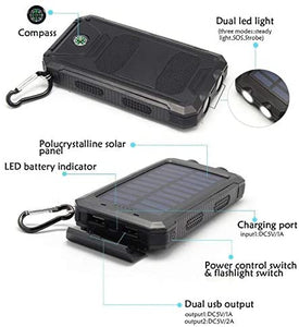 Solar Charger 30,000mAh - Portable Dual USB, Solar Battery Charger, External Battery Pack, Phone Charger with Flashlight