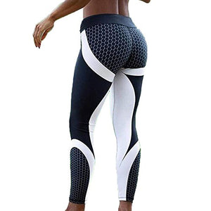 High Waist Honeycomb Printed Leggings - Fitness Yoga Pants - Black & White