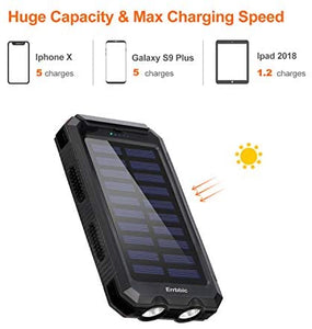 Solar Charger Power Bank Solar 20000mAh - Waterproof Portable Battery Charger with Compass