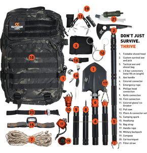 Folding Tactical Shovel Multi Purpose Steel - 21 pcs Ultimate Survival Tool Camping Kit